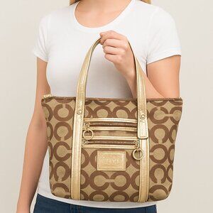Coach Poppy Gold and Khaki Large Tote with Brilliant Blue Lining